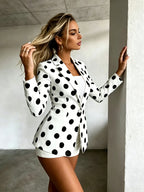Women's Polka Dot Pattern Button-Up Long Sleeve Blazer, Women's Top, Suitable for Spring, Summer, Autumn, A Must-Have Item for All Seasons, Machine Washable, for Office Commuting and Casual Outings - White