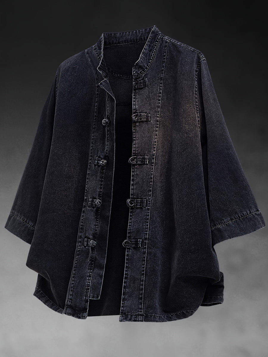 Xingmengzhi OBM Men's Denim Shirt, Three-Quarter Sleeve Loose Fit New Chinese Style Chinese-Inspired Button-Up Top, Stand Collar Thin Denim Cardigan - Black