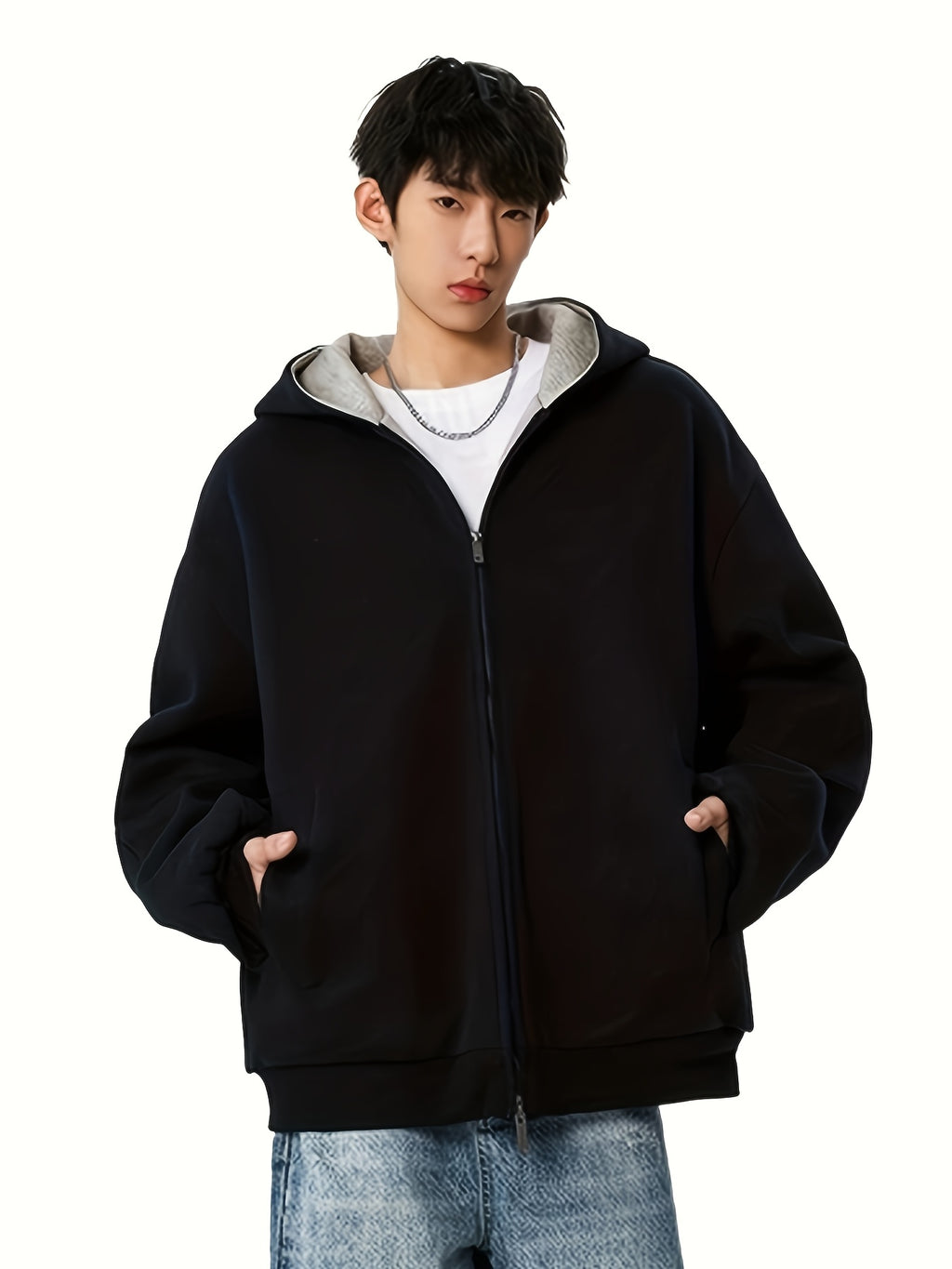 Men's Color-Block Hooded Zip-Up Jacket, College Style Outerwear - Black
