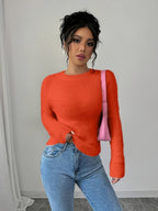 Women'S Soft Mint Green Sweater - Cozy Long Sleeve Round Neck Pullover for Fall/Winter, Casual & Office Wear, Elegant Everyday Chic Style, Comfortable Fit - Orange-Red