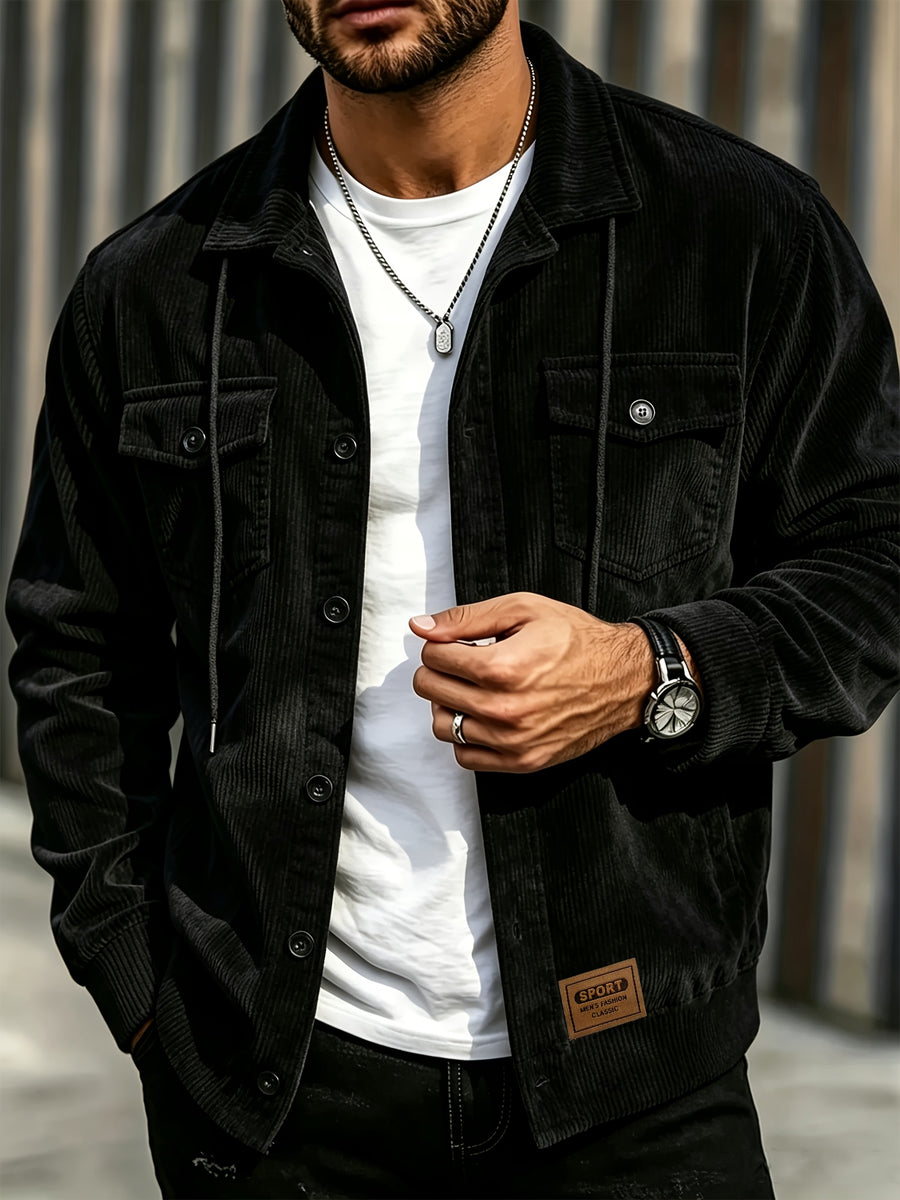 BOWZ Men's Corduroy Jacket Button-Up Cardigan Coat with Stand Collar & Drawstring Hood Suitable for Sports, Casual Commuting Jacket, Corduroy Button-Front Closure, Machine Washable Fall Outerwear, Solid Color Regular Fit Cardigan Gift - Black
