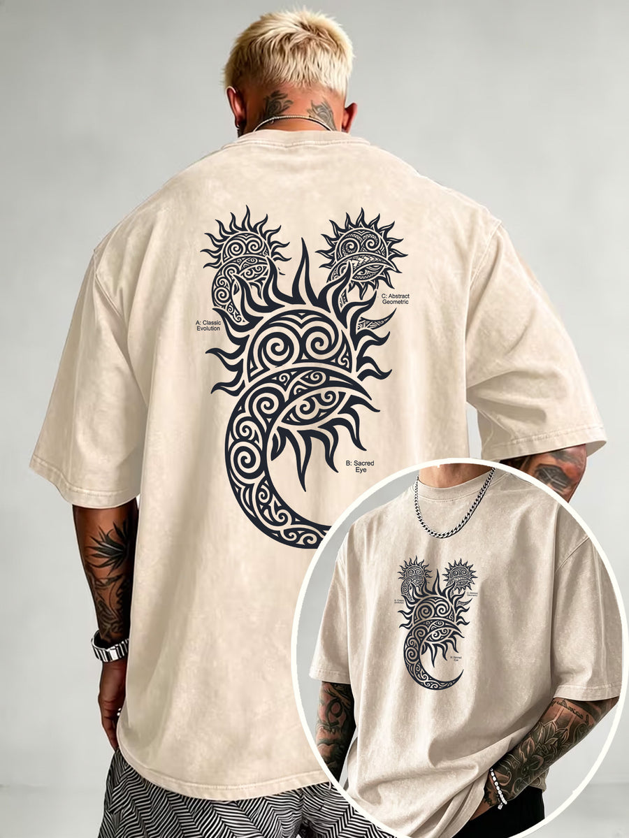Washed Distressed Short Sleeve Loose Top, Tribal Totem Sun Vortex Trendy Print, Multi-Color Casual Matching, American Street Hip-Hop High Street Style, Daily Outing Commute Sports Fitness Couple Statement Versatile T-Shirt - Apricot