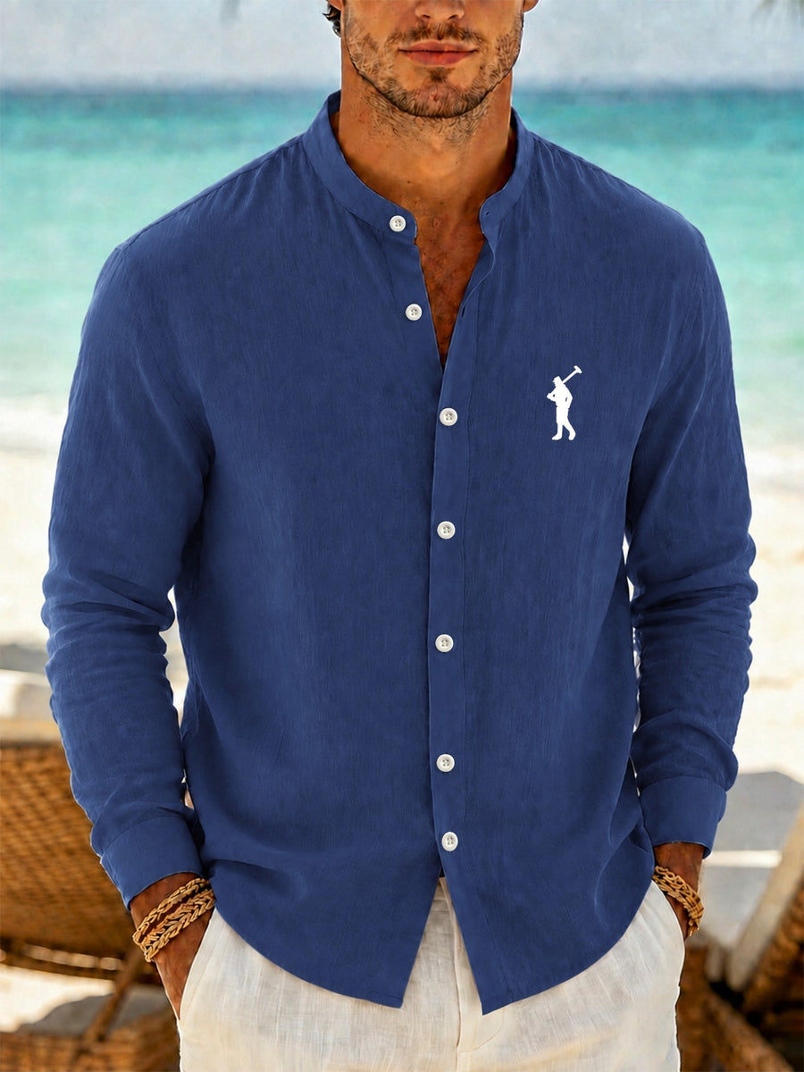 Men'S Faux Linen Long Sleeve Shirt - Lightweight Button-Up Stand Collar Formal to Casual Style, Golfer Embroidered Pattern, Suitable for Beach, Office, Party Business, Daily Trendy Wear, Machine Washable Fashion Shirt - Navy Color