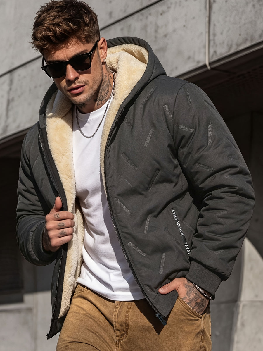 CWPKF Men's Winter Hooded Windproof Jacket with Padded & Zippered Pockets - Thickened Warm Coat Suitable for Weather, Machine Washable Hooded Outerwear for Daily Commute, Outdoor Activities, Gift Choice (Regular Fit) - Grey
