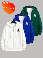 50%, 50% Polyester, 3pcs Men'S Patchwork Warm Fleece Zip-Up Hooded Sweatshirt, Men'S Clothing, Long Sleeve Fleece Jacket, Zip-Up Top, Hooded Sweatshirt, Pockets, Drawstring, Suitable for Outdoor, Casual, Back-To-School Season, Gift for Boyfriend - White+blue+dark green