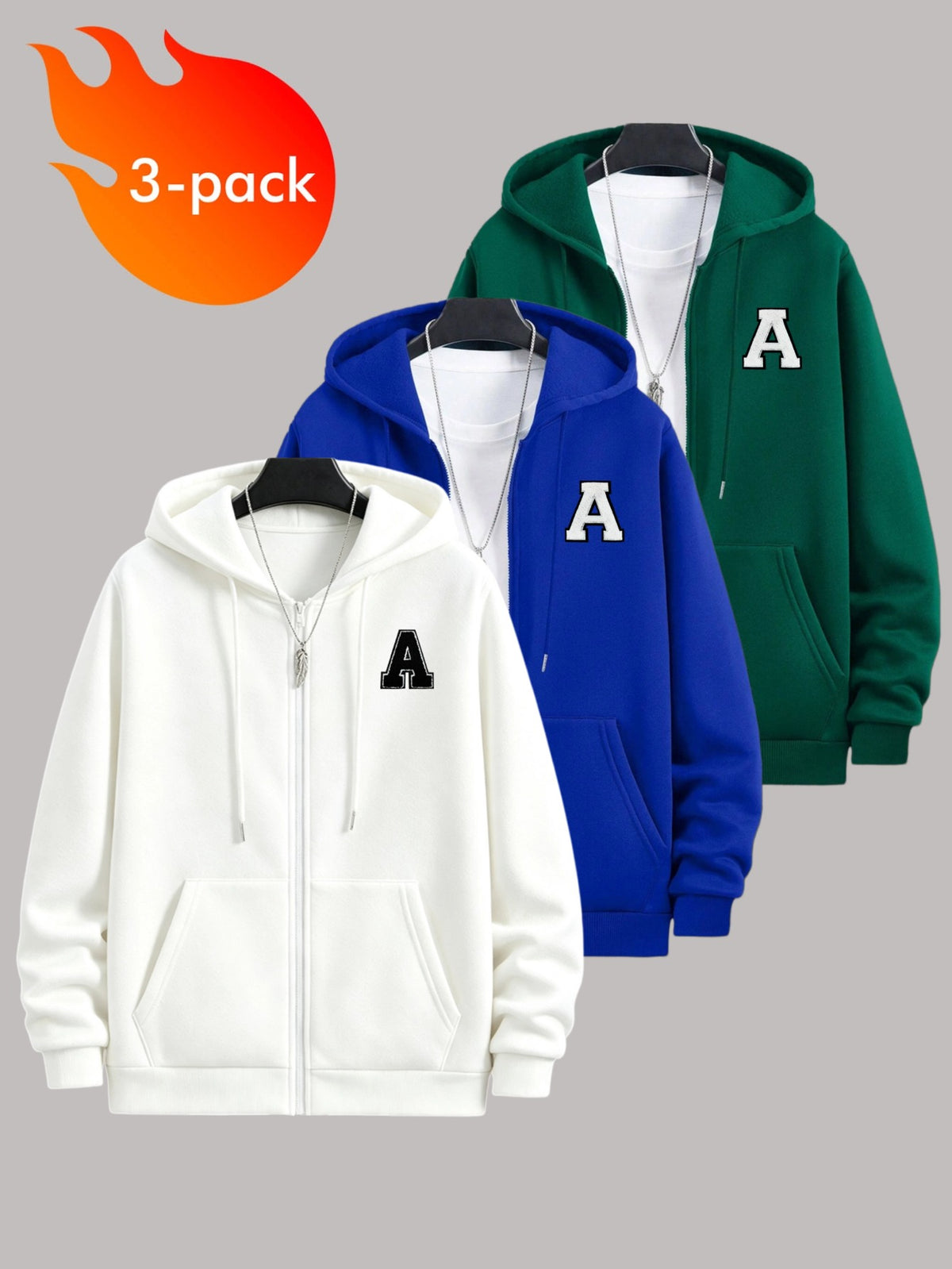 50%, 50% Polyester, 3pcs Men'S Patchwork Warm Fleece Zip-Up Hooded Sweatshirt, Men'S Clothing, Long Sleeve Fleece Jacket, Zip-Up Top, Hooded Sweatshirt, Pockets, Drawstring, Suitable for Outdoor, Casual, Back-To-School Season, Gift for Boyfriend - White+blue+dark green