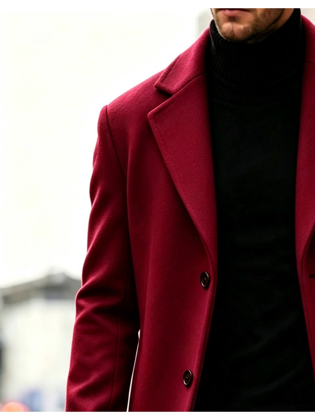 Men's Long Tweed Overcoat, European and American Style Suit Lapel Single-Breasted Slim Fit Blend Coat, Autumn/Winter Windproof and Warm Business Men's Wear, Multiple Colors Available, 100% Polyester - Deep Red