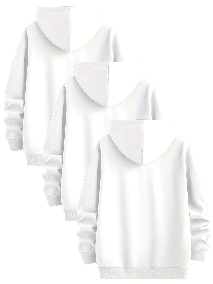 3pcs Urban Element Print Sweatshirt, Men's Casual Hooded Sweatshirt, Long-sleeve Pullover, Slight Stretch, Knitted Polyester Fabric, Regular Men's Hoodie - White