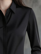 New Women'S Solid Color Long Sleeve Shirt, Elegant Dark Front Button-Up, Non-Sheer, Office Business Top, for Meetings And Events, Corporate Attire, Urban Professional Style - Black