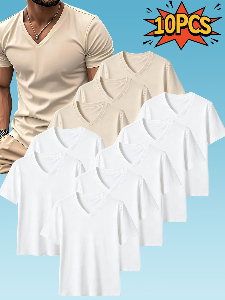 10pcs Men's Casual Knit Ribbed V-Neck T-Shirt / Soft and Comfortable Fabric / Short Sleeve / Solid Color / Crew Neck / Back-to-School Season, Casual Sporty Design Multi-pc Tops, Suitable for Summer Daily Wear - 7 white pieces + 3 apricot pieces