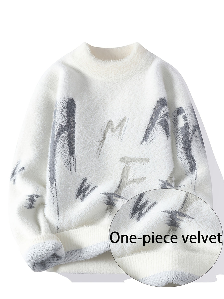 2026 Autumn and Winter New Retro Lazy Style Youth Men's Round Neck Knitted Sweater Sweater Letter Jacquard Fashionable Top - White