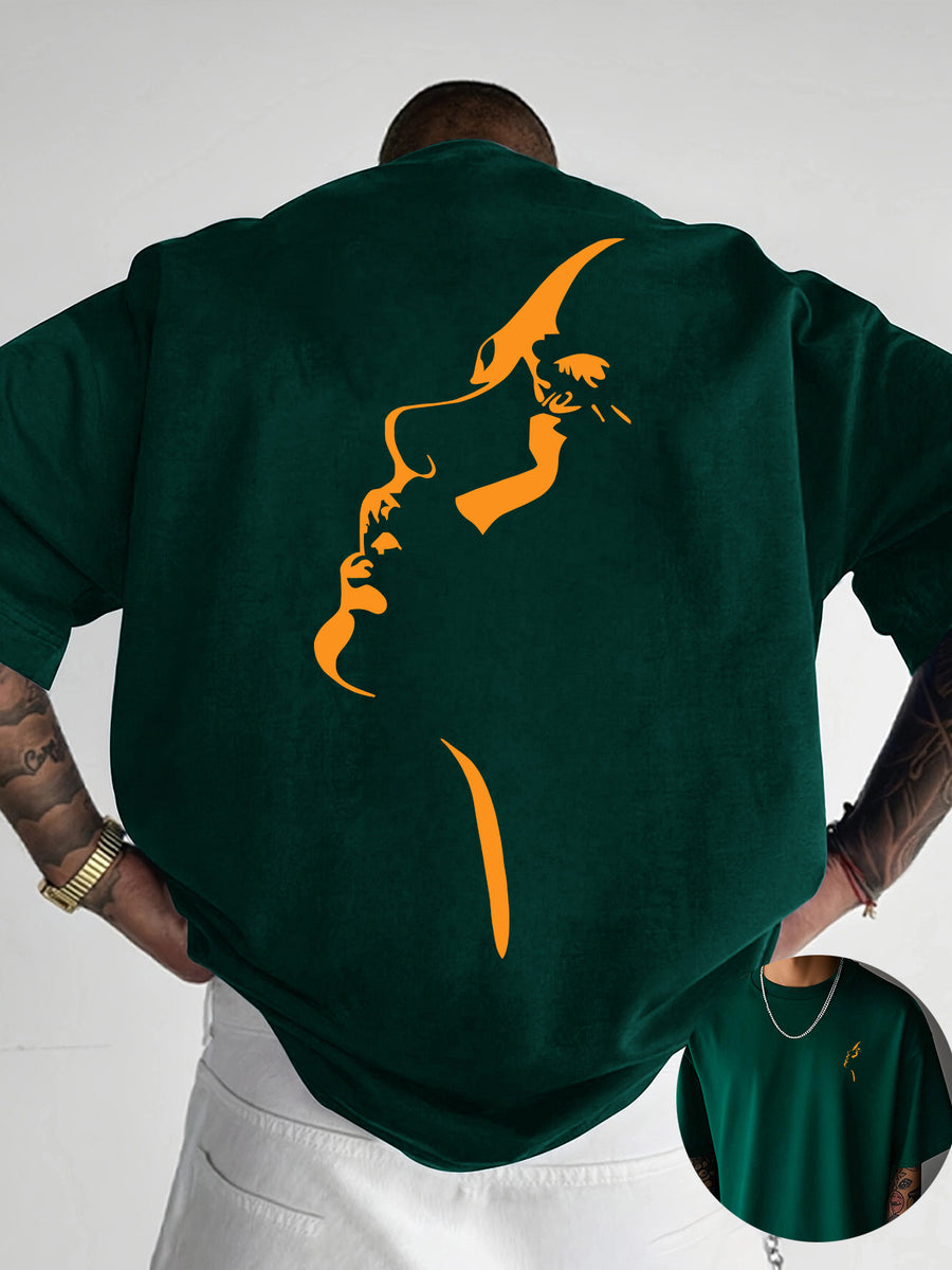 Creative Front and Back Print Round Neck T-Shirt, Pure Cotton Summer Fashion Short Sleeve Top for Casual Daily Style Essential Outing Gift Choice - Dark Green