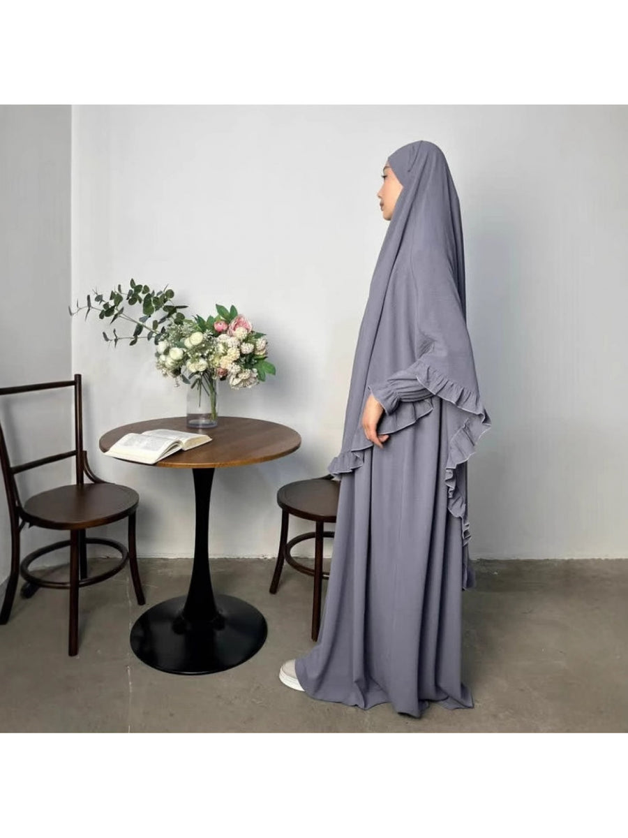 2pcs Set: Middle East Dubai 2pcs Set, Including 1 Solid Color Long Headscarf + 1 Long Robe, Women's Fashion Loose Robe Ramadan Prayer Outfit - Slate Grey