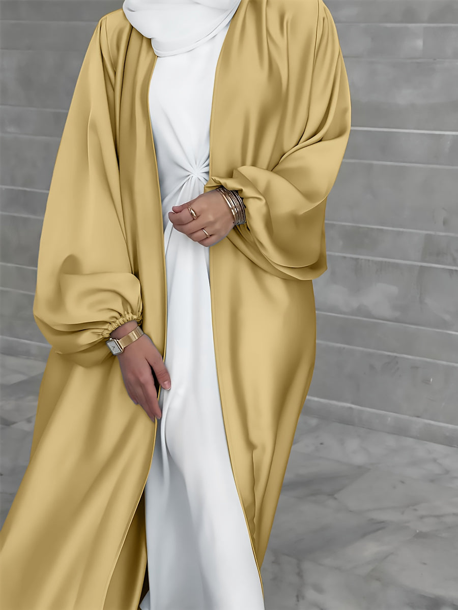 Cross-Border Muslim Women's Satin Bubble Sleeve Robe, Elegant Dubai Middle East Cardigan - Fluorescent Yellow