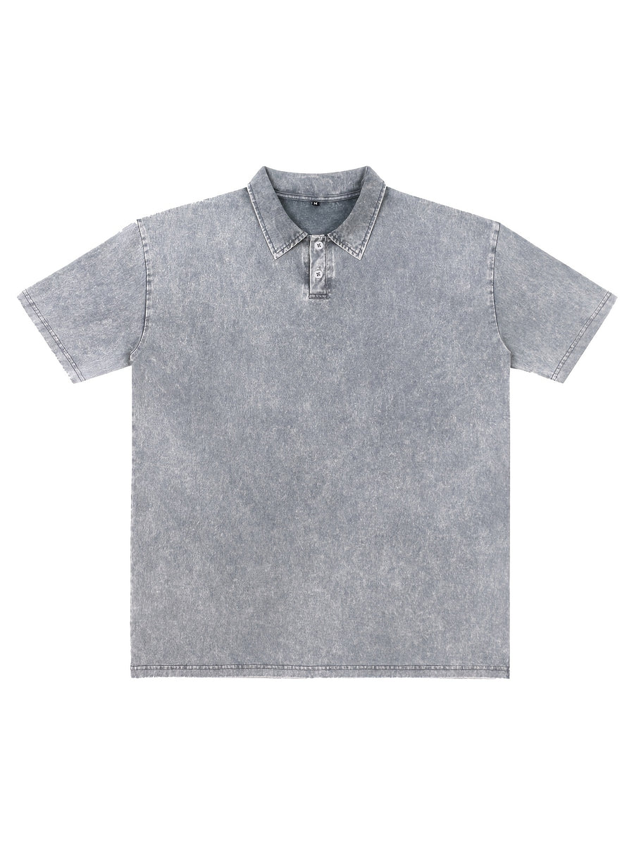New American Hip-Hop Punk Style Washed Black Short Sleeve Lapel Loose Polo T-Shirt for Men And Women - Retro Distressed Design, Lightweight And Breathable Fabric, Streetwear Trendy Loose Polo Top, Suitable for Casual Wear And Outdoor Activities - Grey