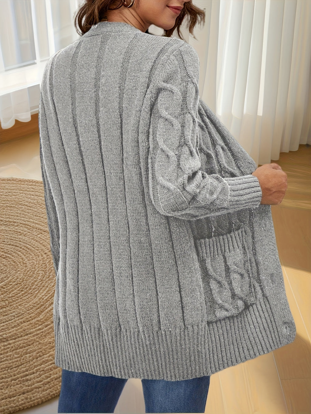 Solid Long Sleeve Cable Cardigan Women'S - Grey