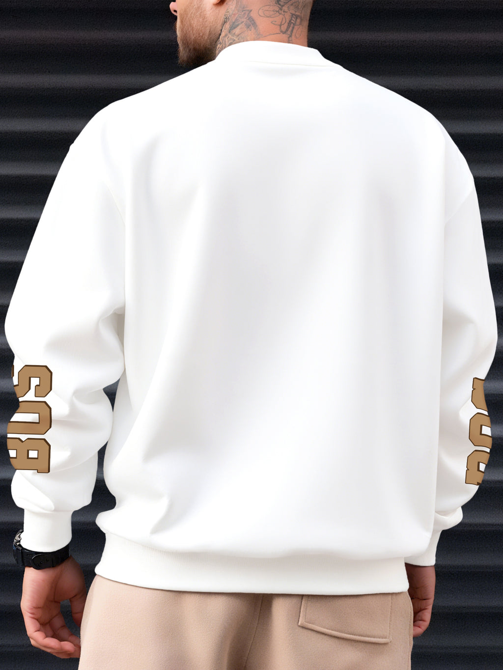 New Men's Crewneck Sweatshirt, Street Style with City Name Letter Print for a Trendy Look - White