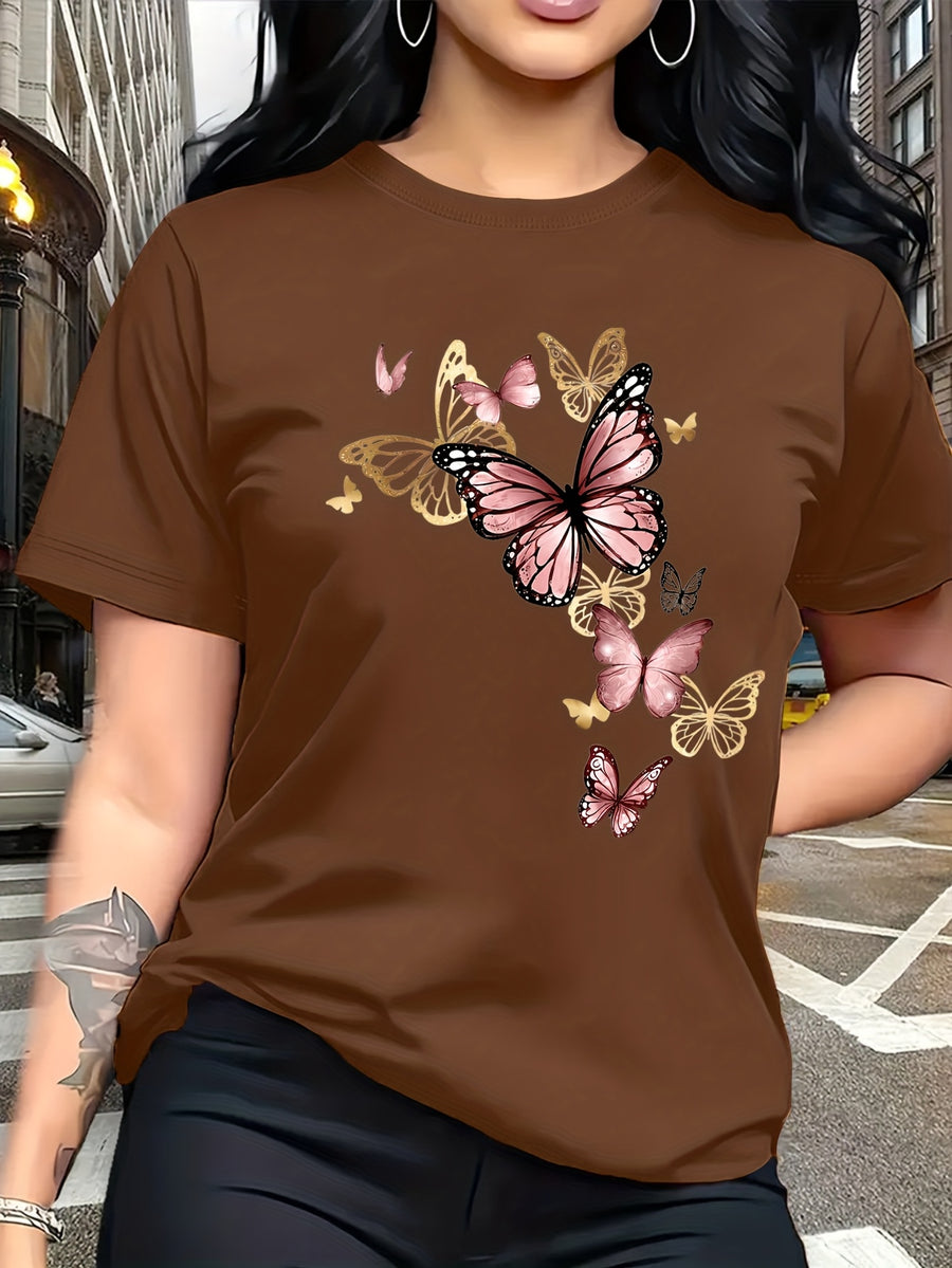 Watercolor Style Butterfly Pattern Print, Fashion Breathable T-Shirt, Family Travel, Campus, Casual, Daily Commute, Sisters' Matching Outfit, Versatile T-Shirt - Brown