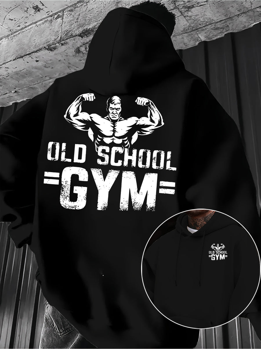 Men's Casual Sweatshirt with Letter Print, Drawstring Hood, Long Sleeve Pullover with Pocket - Black
