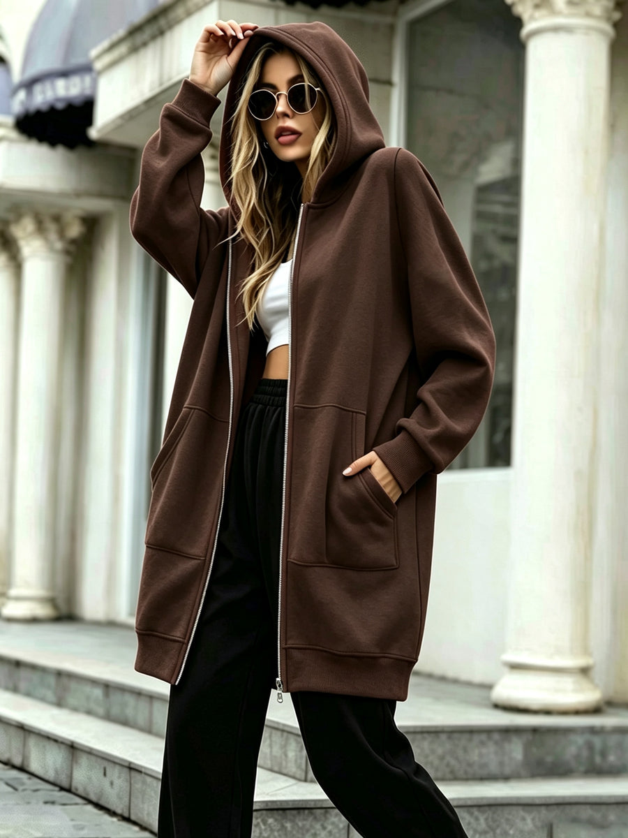 Women's Long Hooded Sweatshirt Jacket, Autumn/Winter Thick Hoodie, Versatile Loose Fit Casual Long Sleeve Zip-Up Cardigan Jacket - Dark Brown
