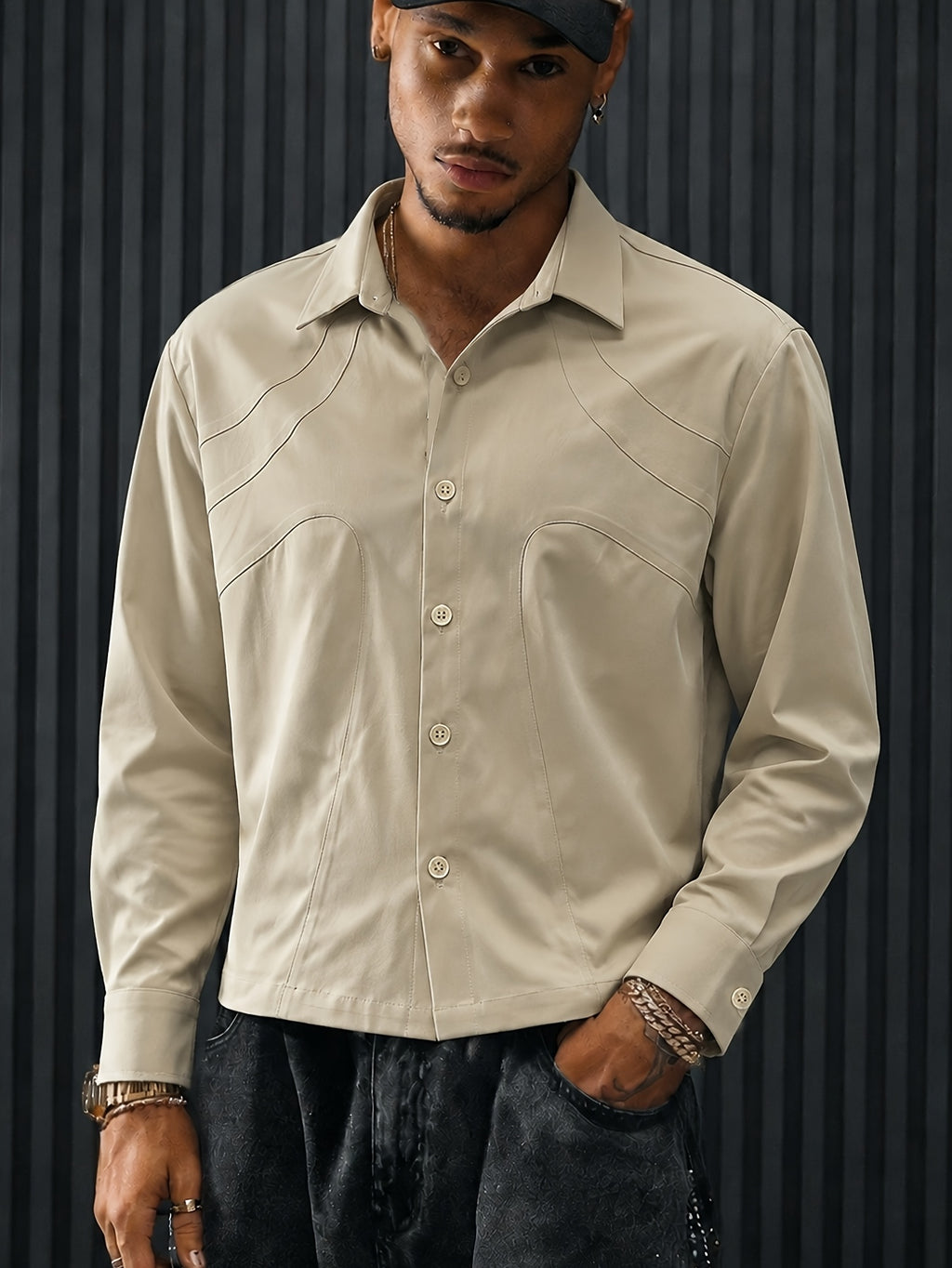 Men's Long-Sleeve Shirt with Split Design, Cropped Lightweight Outer Jacket, Simple Daily Commute Men's Casual Shirt - Apricot