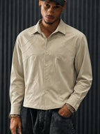 Men's Long-Sleeve Shirt with Split Design, Cropped Lightweight Outer Jacket, Simple Daily Commute Men's Casual Shirt - Apricot