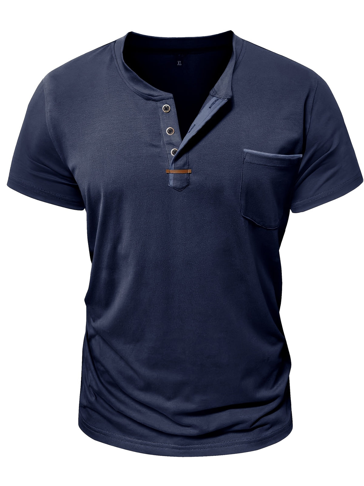Fashion Men's Summer Short-sleeve T-shirt, Casual Round-neck Henley Shirt with Pocket - Navy Color