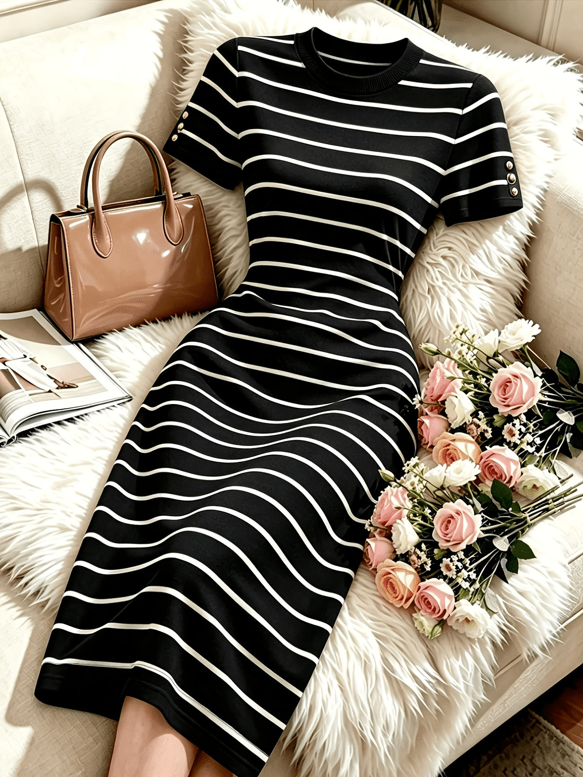Women'S New Black And White Striped Round Neck Short Sleeve Slim Waist-Cinching Mid-Length Dress - Black And White Stripes