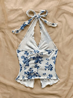 Women's New Chinese-Style Blue and White Porcelain Print Halter Neck Camisole Top, Vintage Print Twist Knot Backless Hot Crop Top. Women's Backless Camisole Crop Top, Slim Fit Figure-Flattering Crop Top, Suitable for Summer, Spring Break, St. - Sky Blue