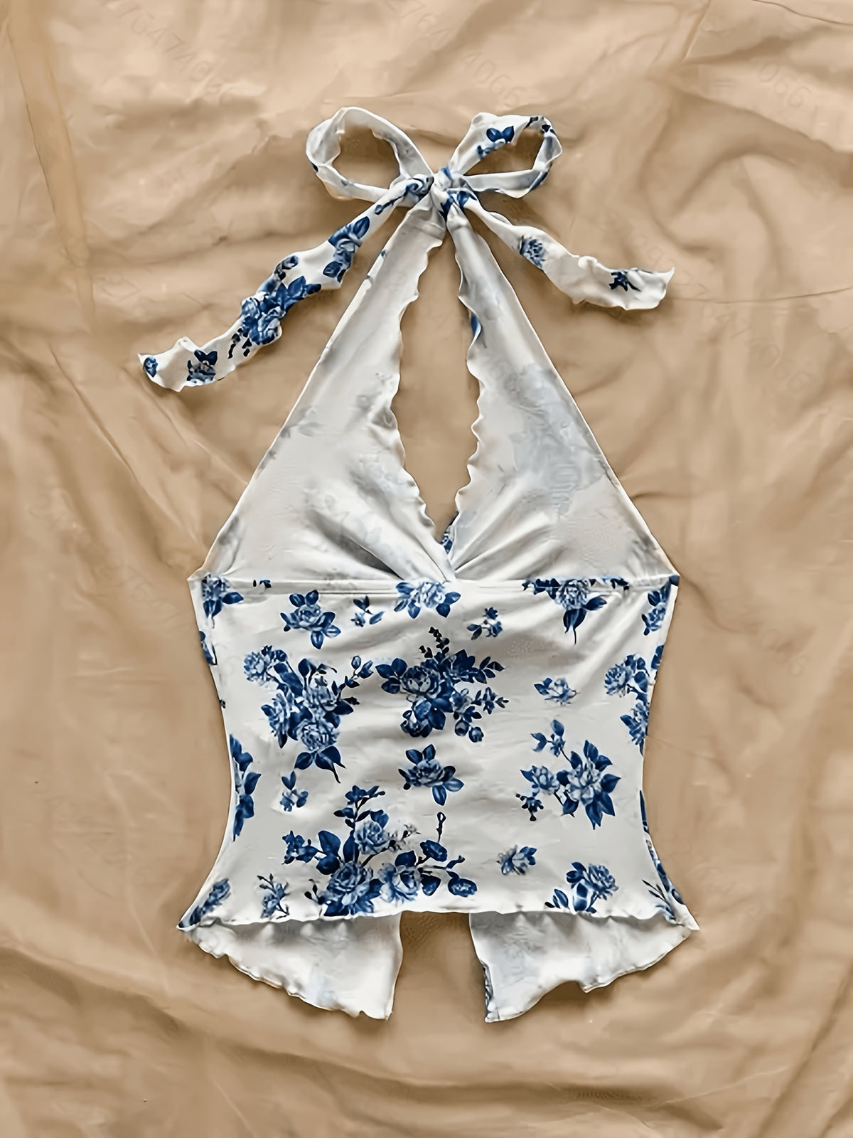 Women's New Chinese-Style Blue and White Porcelain Print Halter Neck Camisole Top, Vintage Print Twist Knot Backless Hot Crop Top. Women's Backless Camisole Crop Top, Slim Fit Figure-Flattering Crop Top, Suitable for Summer, Spring Break, St. - Sky Blue