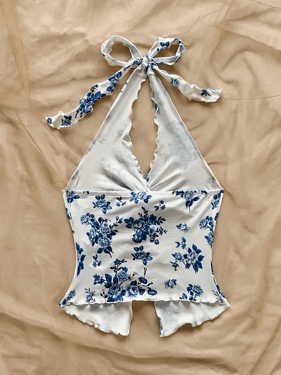 Women's New Chinese-Style Blue and White Porcelain Print Halter Neck Camisole Top, Vintage Print Twist Knot Backless Hot Crop Top. Women's Backless Camisole Crop Top, Slim Fit Figure-Flattering Crop Top, Suitable for Summer, Spring Break, St. - Sky Blue
