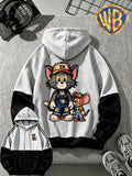 Men'S Color-Block Patchwork Hooded Sweatshirt, Autumn Casual Pullover Jacket, Trendy Cartoon Top with Kangaroo Pouch, Drawstring Hood, Loose Fit, Comfortable, Casual, Commute, Vacation, Premium, Couple Style, Student, Holiday, Gift, All Seasons - Black And Grey