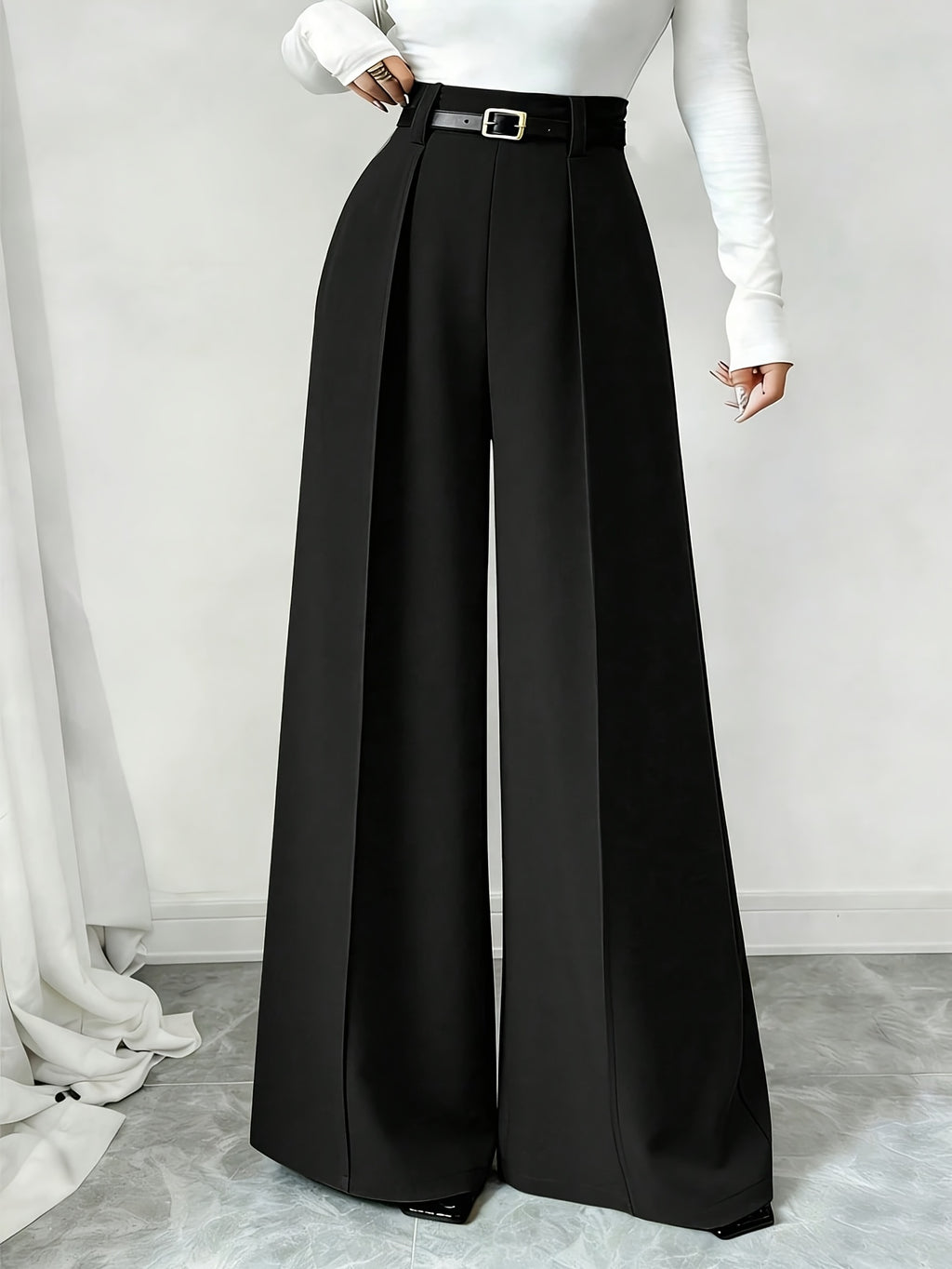 Women High Waist Front Pleated Wide Leg Dress Pants Without Belt, Elegant Flowy Straight Leg Suit Palazzo Trousers, Casual Business Office Work Long Pants, Loose Fit Formal Trousers for Ladies Daily Work Outfit - Black