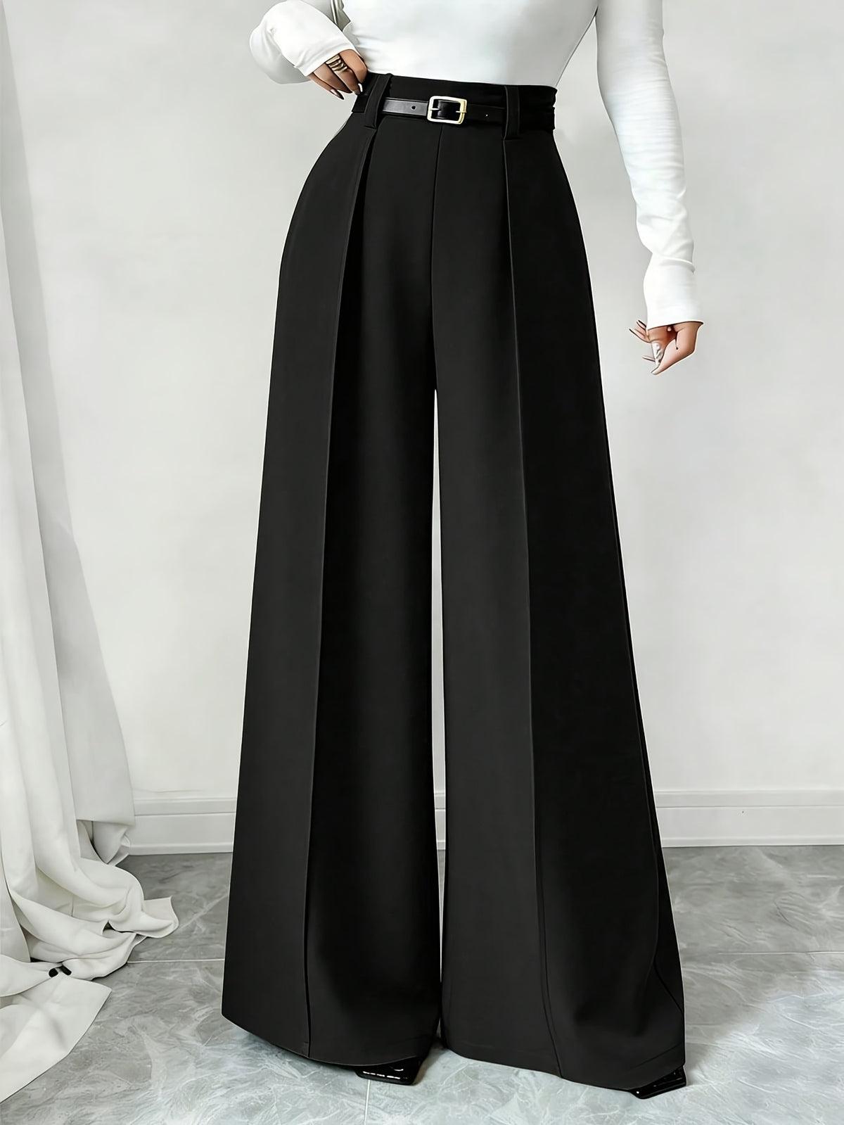 Women High Waist Front Pleated Wide Leg Dress Pants Without Belt, Elegant Flowy Straight Leg Suit Palazzo Trousers, Casual Business Office Work Long Pants, Loose Fit Formal Trousers for Ladies Daily Work Outfit - Black
