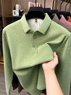 Men's Lapel Long Sleeve Polo Shirt Thickened Warm Top Autumn Winter Business Casual Layering Apparel for Middle Aged Dad Versatile Daily Outfit Suitable for Golf Fishing Tennis Sports Office And Daily Wear for Men - Leaf Green