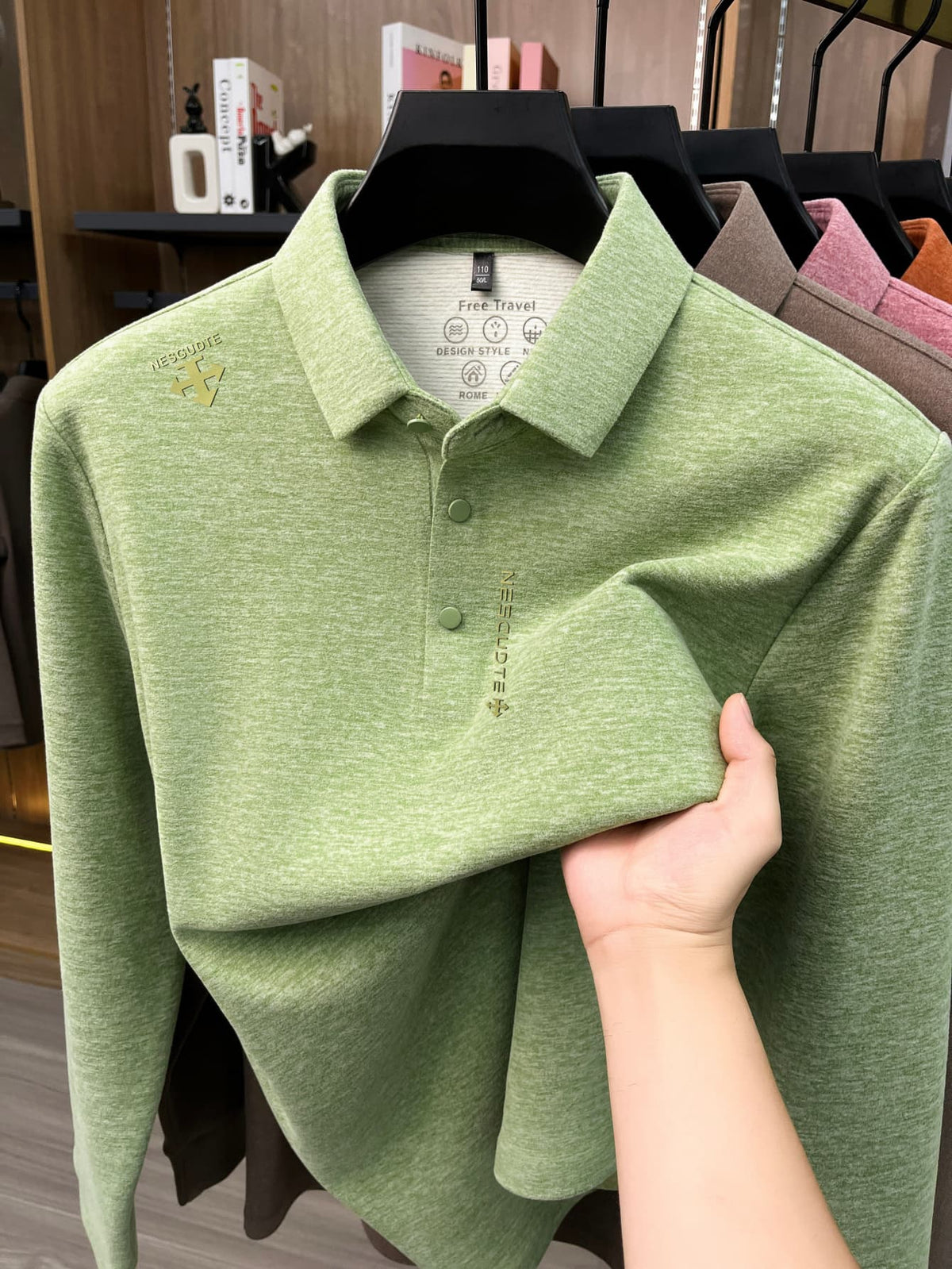 Men's Lapel Long Sleeve Polo Shirt Thickened Warm Top Autumn Winter Business Casual Layering Apparel for Middle Aged Dad Versatile Daily Outfit Suitable for Golf Fishing Tennis Sports Office And Daily Wear for Men - Leaf Green