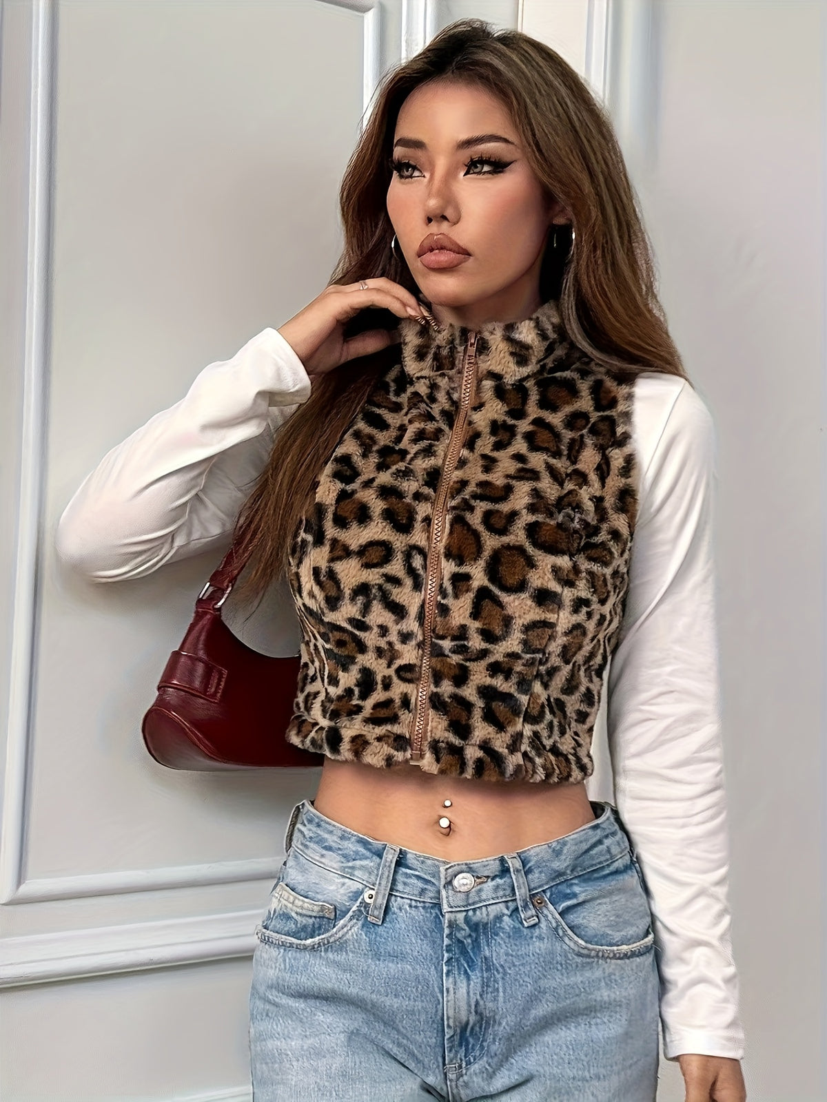 H795 Autumn And Winter Women'S Casual Leopard Print Sleeveless Fluffy Short Jacket - Multicolor