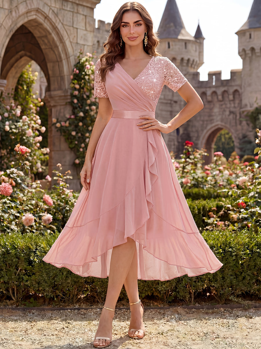 Women'S Elegant V-Neck Lace Chiffon Ruffled Trim Slit Wedding Party Long Dress - Pink Color
