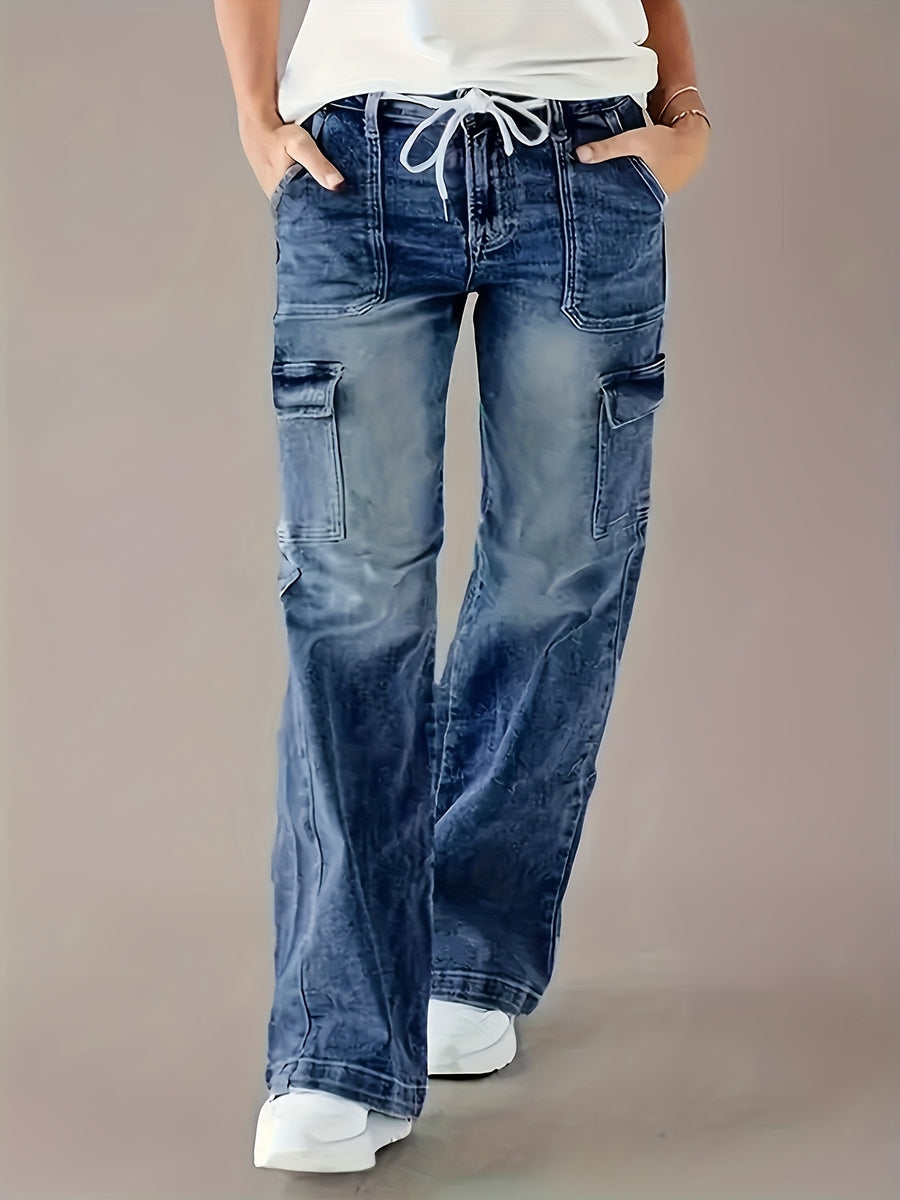Elastic Multi-Pocket Drawstring Jeans - Sea Blue