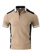 Men's Fashion New Color-Block Polo Shirt with Collar, Jacquard Design, Soft Fabric, Versatile for Outdoor Streetwear and Beach Vacation Outfits - Khaki