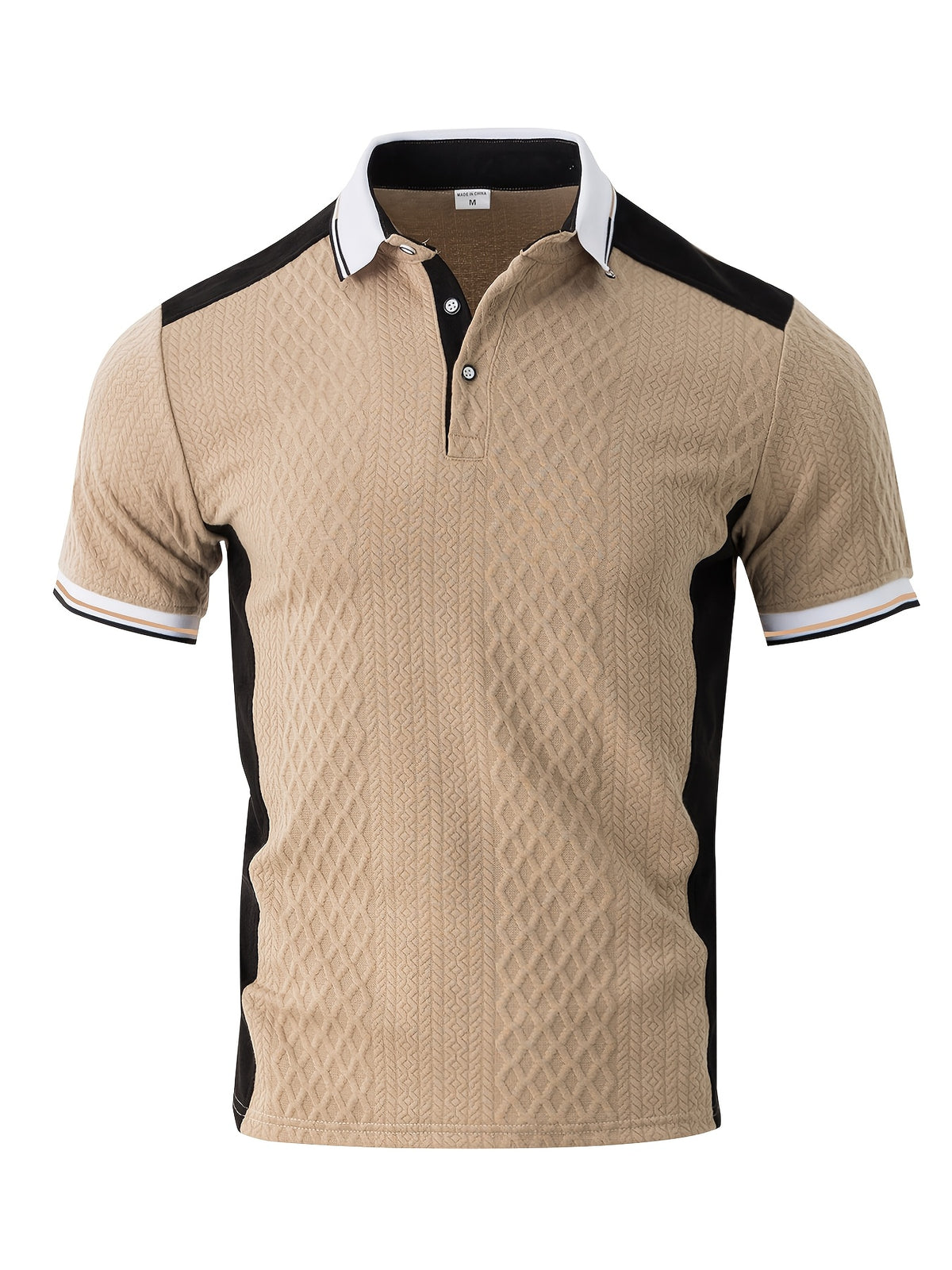 Men's Fashion New Color-Block Polo Shirt with Collar, Jacquard Design, Soft Fabric, Versatile for Outdoor Streetwear and Beach Vacation Outfits - Khaki