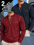 2pcs Men'S Autumn Winter Stand-Collar Long Sleeve Henley Shirts, Contrast Color Pinstripe Polo Shirts with Pockets, Soft And Breathable Sweat-Absorbing, Business Casual Basic Long Sleeve Top, Skin-Friendly Soft Fabric Comfortable, Sweat-Resistant - Wine Red+Navy Blue