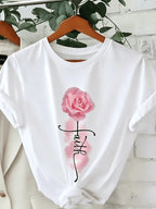 New Summer Collection Rose Print T-Shirt, Casual Regular Round Neck Top - White