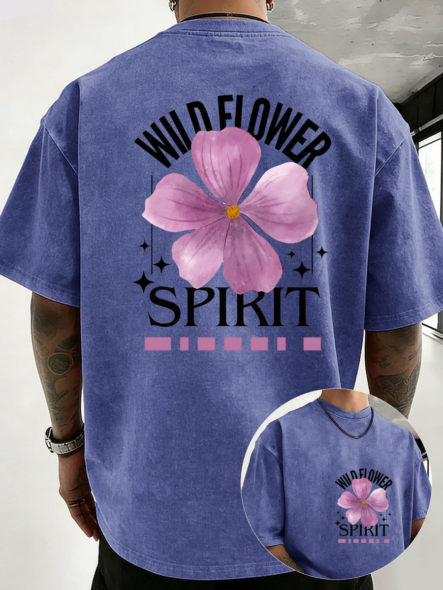 Mid-Summer Vacation Style Unisex T-Shirt, Pure Washed Distressed, Double-Sided Print, Breathable And Sweat-Absorbent, Loose Fit Outdoor Hiking Sports Trendy Casual Short Sleeve, Sweat-Resistant - Royal Blue