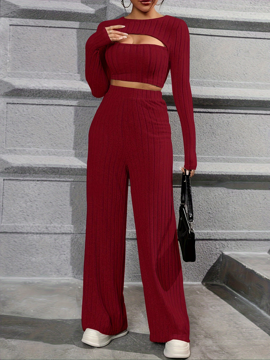 Elegant Directional Women'S Long-Sleeve T-Shirt And Casual Long Pants Set - Burgundy