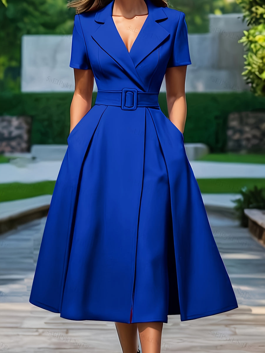 1pc Solid Color Flared Design Fashion Waist-Cinching Elegant Dress with Belt for Daily Wear and Parties NS702 - Royal Blue