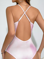 Women'S Sexy White Pink Back Cross Hollow Out Bodysuit - White Pink