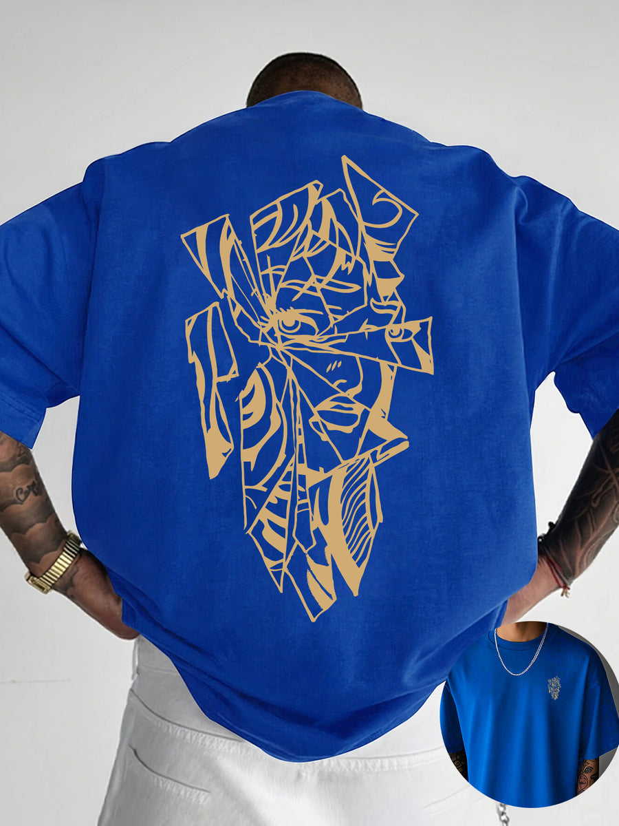 Creative Front and Back Printed Graphic Crew Neck T-shirt, Pure Cotton Summer Trendy Fashion Short Sleeve, Casual Daily Style Top, Essential for Outings and Leisure, an Excellent Gift Choice - Blue