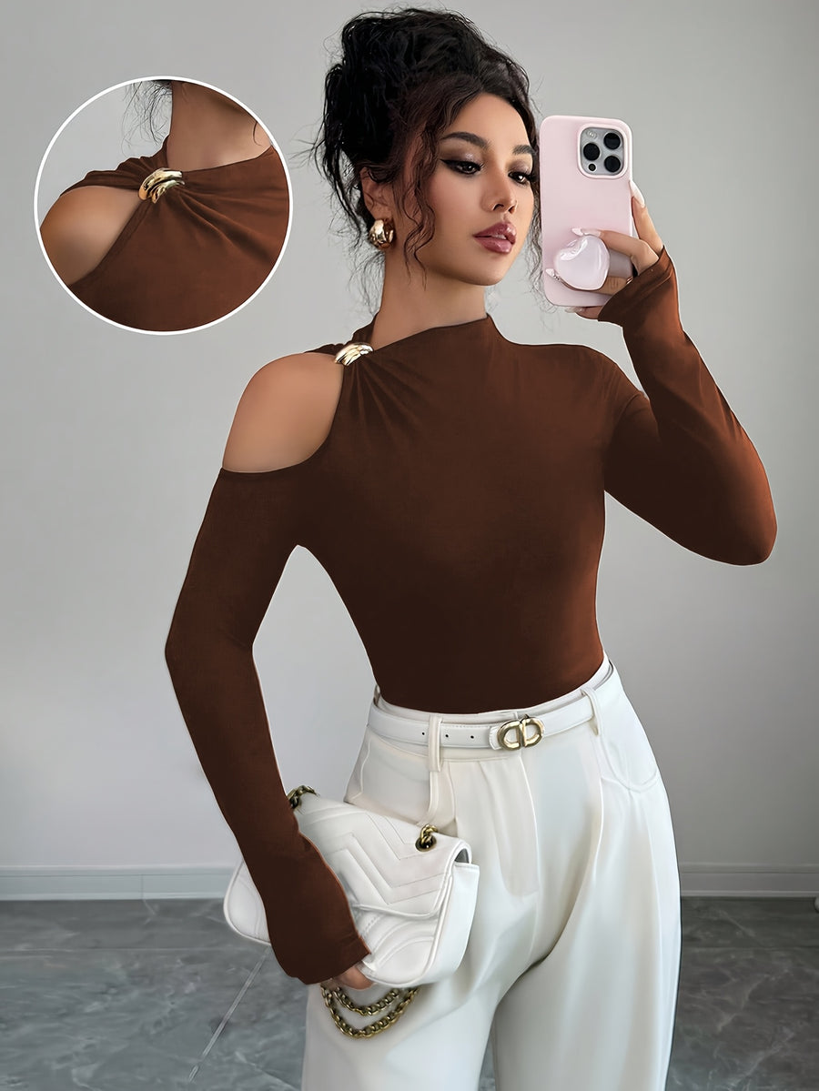 Women's Fashion Slant Collar Design with Metal Decoration Autumn Winter Long Sleeve Top - Coffee Brown