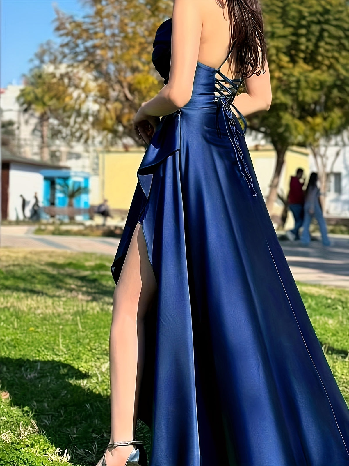 Elegant Women's Green Satin Spaghetti Strap Wrap Neckline Ruffle Hem Back Tie Slit Dress for Banquets, Parties, Weddings, and Bridesmaid Attire - Navy Color